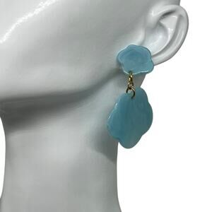 Vtg Aqua Blue Flower Drop Earring Post Back Gold Tone Marbled Acrylic Statement